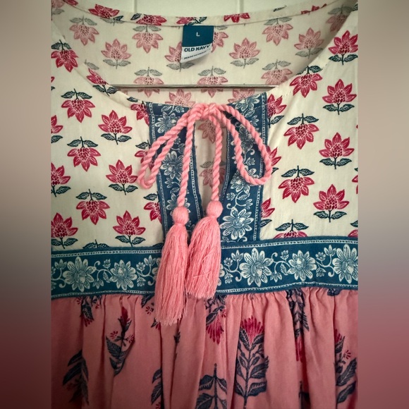 Old Navy Pink Blue Floral Boho Puff Sleeve Mini Swing Dress Tie Neck Large - Picture 3 of 8
